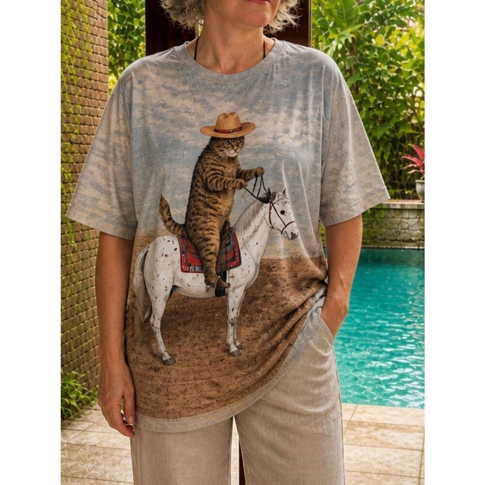 Western Cat Cowboy Horse Graphic Tee Women’s 2XL Polyester Oversized